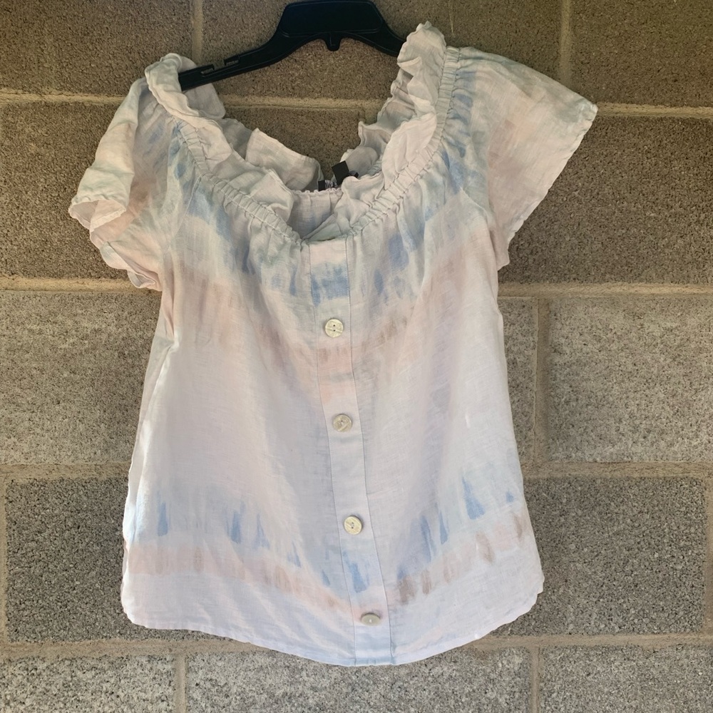INC International Concepts Linen Top On/Off Shoulder Tie Dye Blue Ruffle X-Large